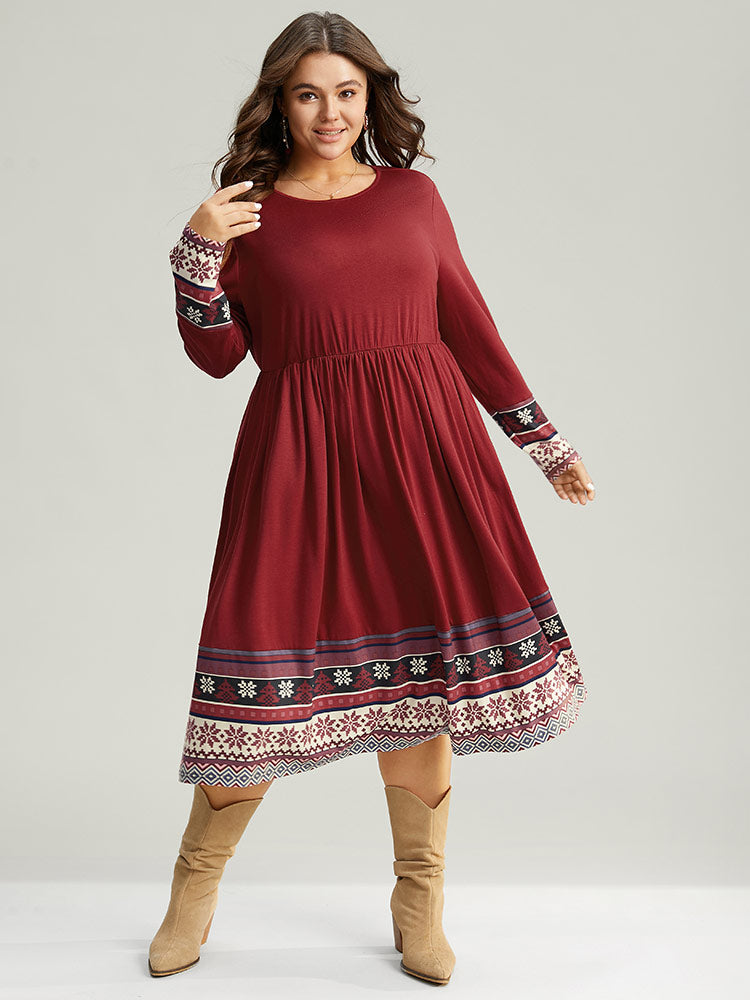 

Plus Size Women Dailywear Bohemian Print Gathered Regular Sleeve Long Sleeve Round Neck Pocket Casual Dresses BloomChic, Raspberry