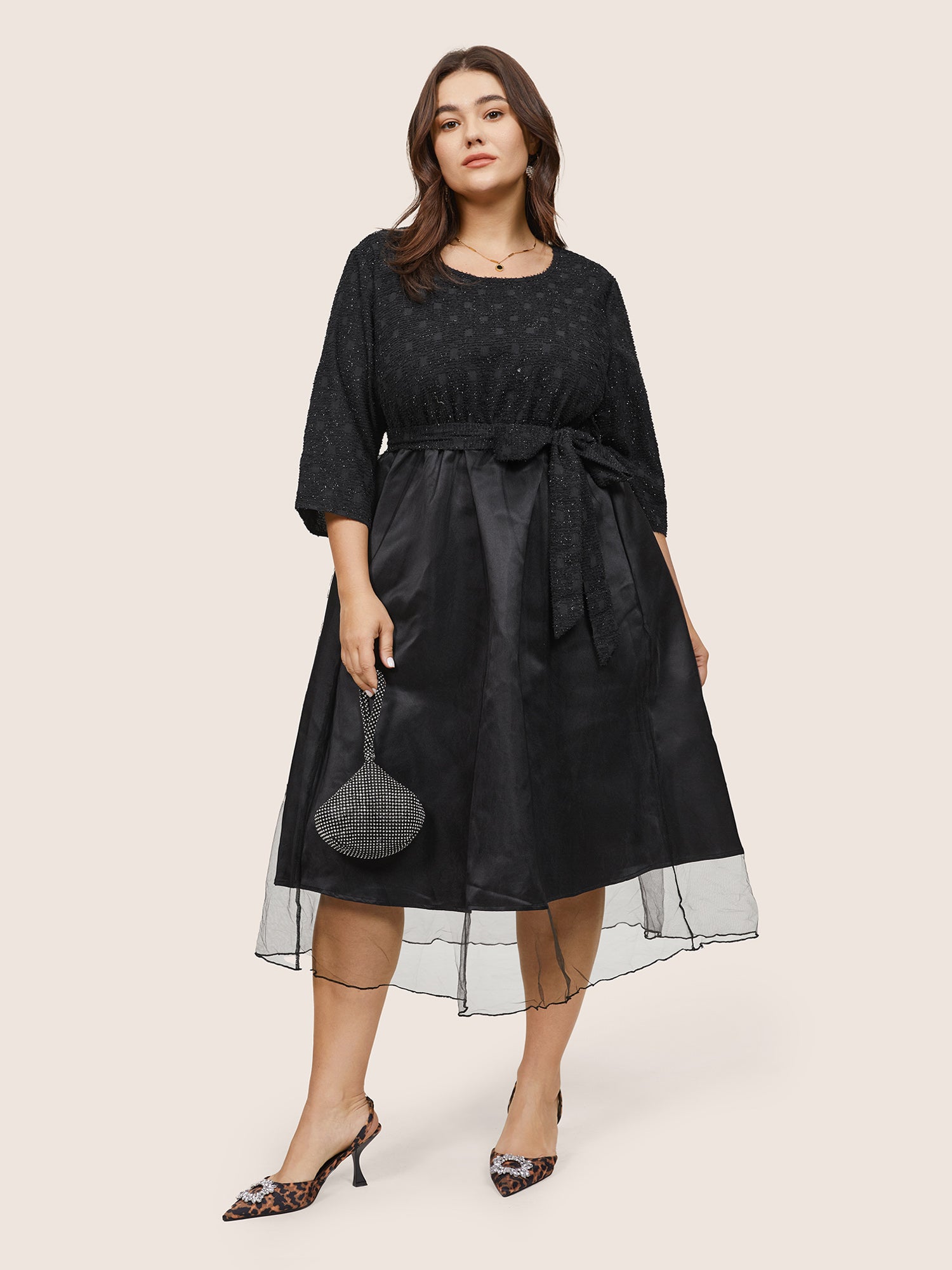 

Plus Size Women Going out Plain Texture Regular Sleeve Elbow-length sleeve Round Neck Pocket Belt Glamour Dresses BloomChic, Black