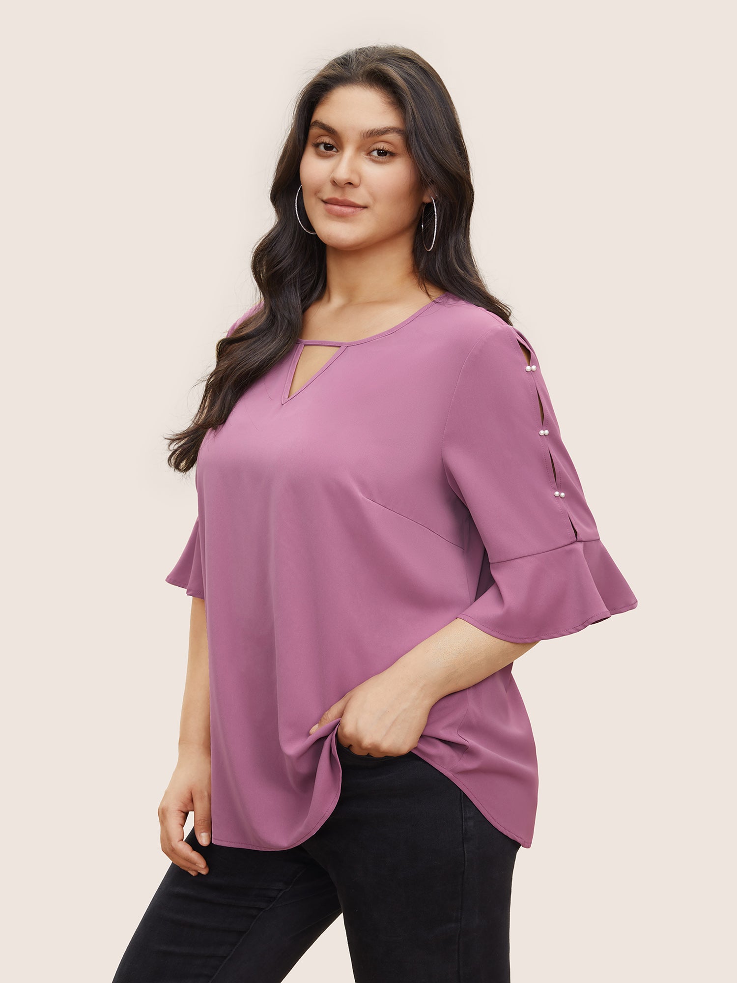 

Plus Size Women Everyday Plain Cut-Out Ruffle Sleeve Half Sleeve Keyhole Cut-Out Casual Blouses BloomChic, Mauve