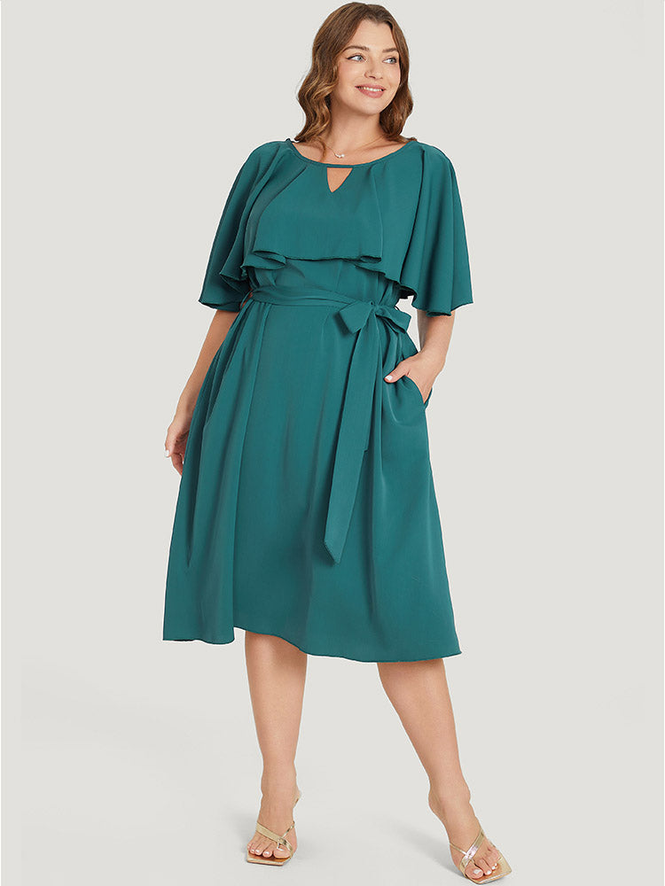 

Plus Size Women Dailywear Plain Belted Ruffle Sleeve Short sleeve Keyhole Cut-Out Pocket Belt Elegant Dresses BloomChic, Emerald