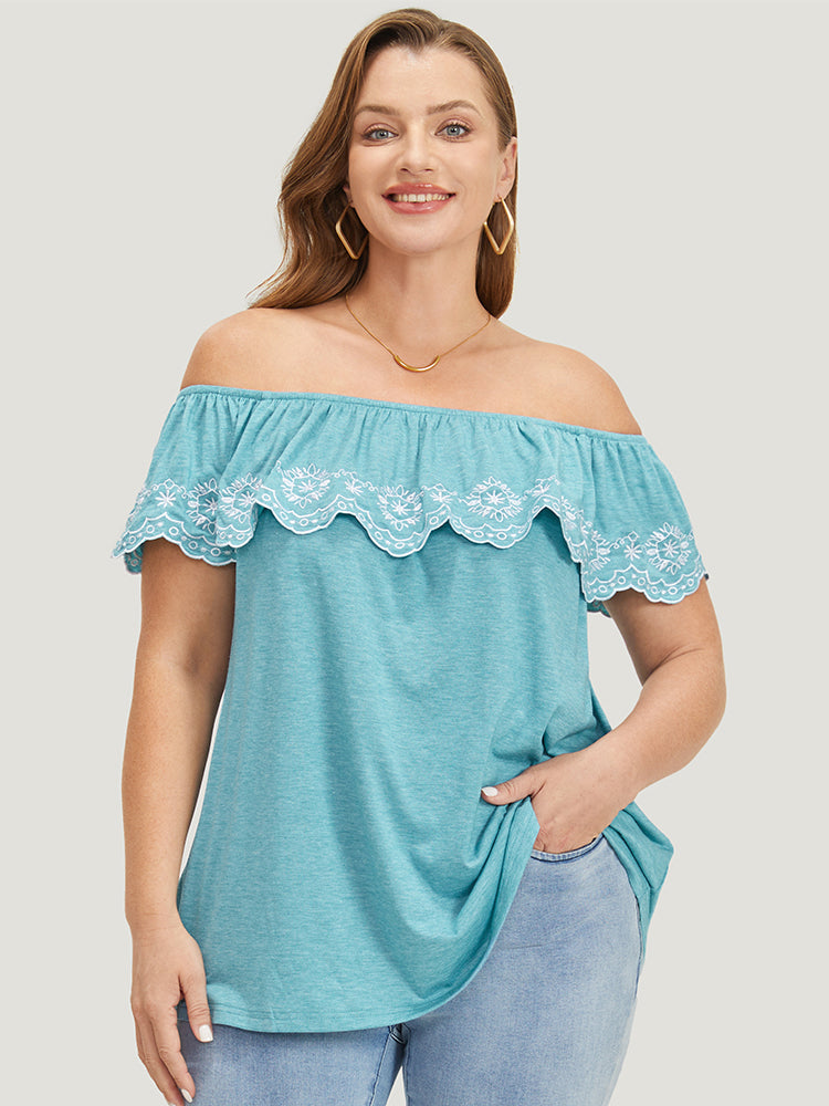 

Plus Size Women Dailywear Plain Embroidered Ruffle Sleeve Short sleeve One-shoulder neck Elegant T-shirts BloomChic, Cerulean