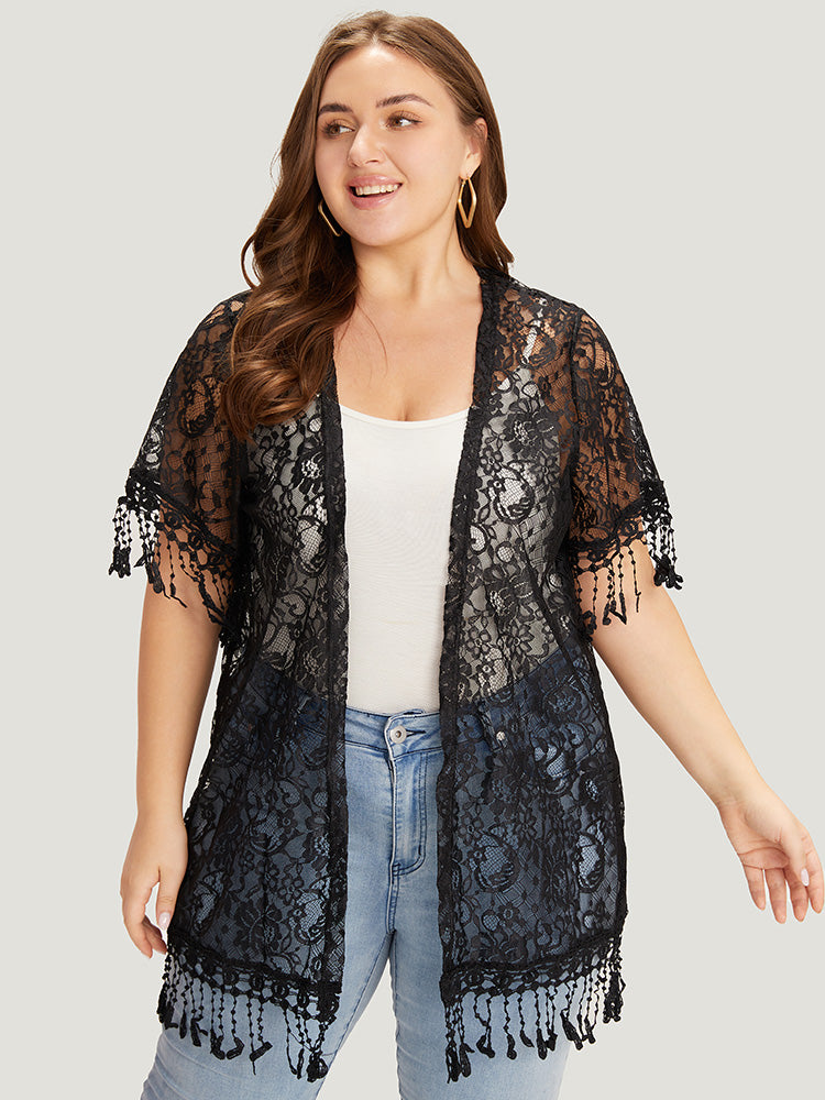 

Solid Lace Fringe Trim Open Front Kimono BloomChic, Black