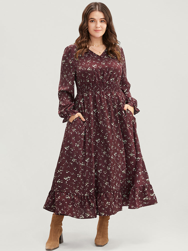 

Plus Size Women Dailywear Ditsy Floral Printed Lantern Sleeve Long Sleeve V Neck Pocket Elegance Dresses BloomChic, Burgundy