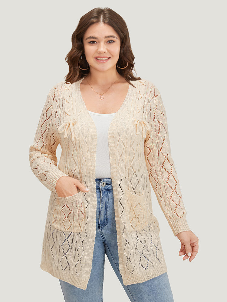 

Solid Bowknot Detail Patched Pocket Hollow Out Cardigan BloomChic, Apricot