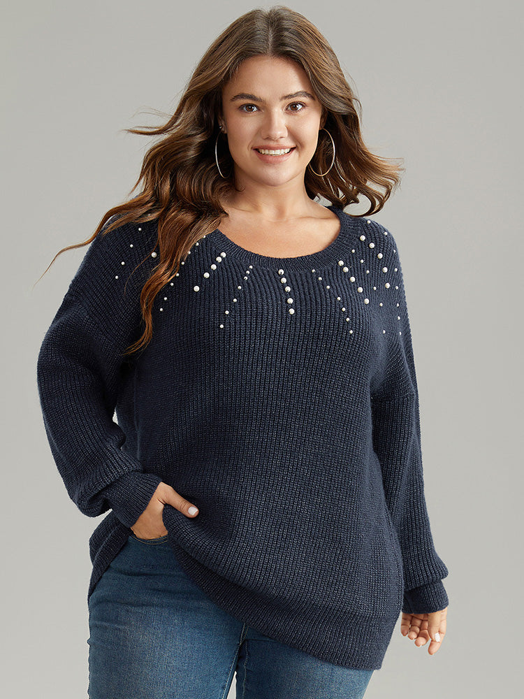 

Plus Size Pullovers | Beaded Round Neck Elastic Cuffs Pullover | BloomChic, Midnight