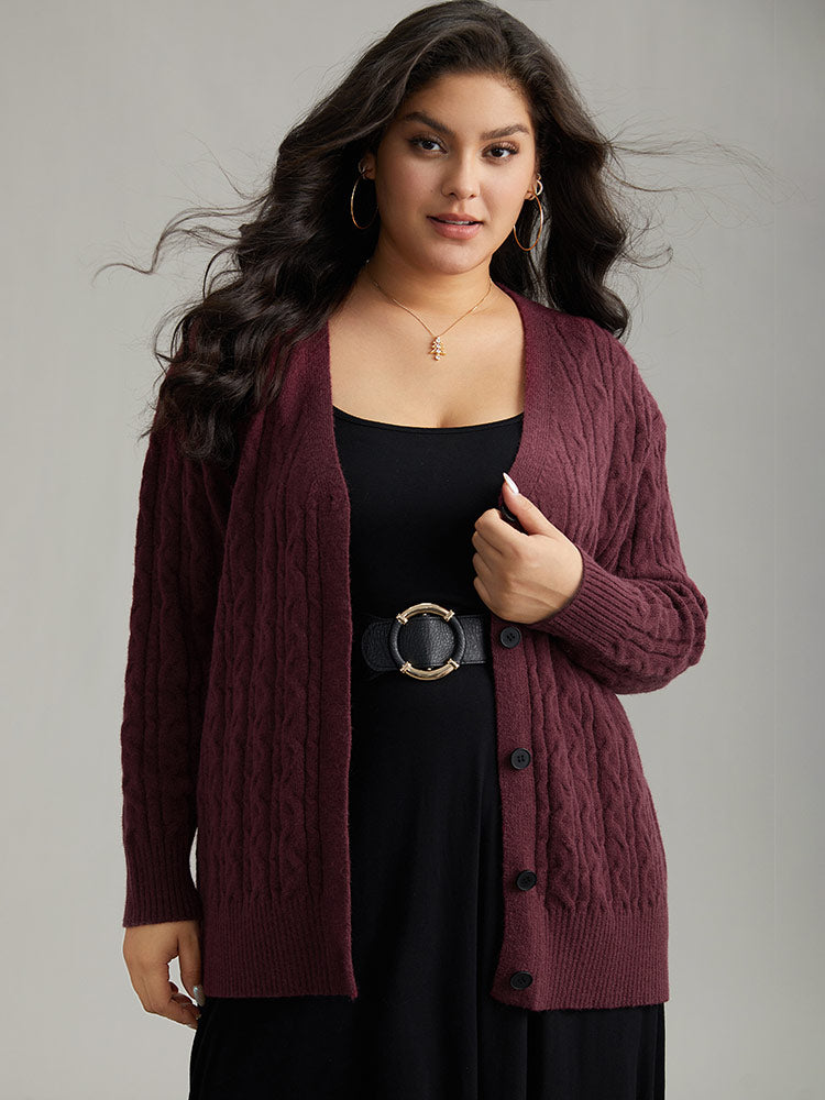 

Plus Size Cardigans | Solid Cable Knit Button Fly Cardigan | BloomChic, Burgundy