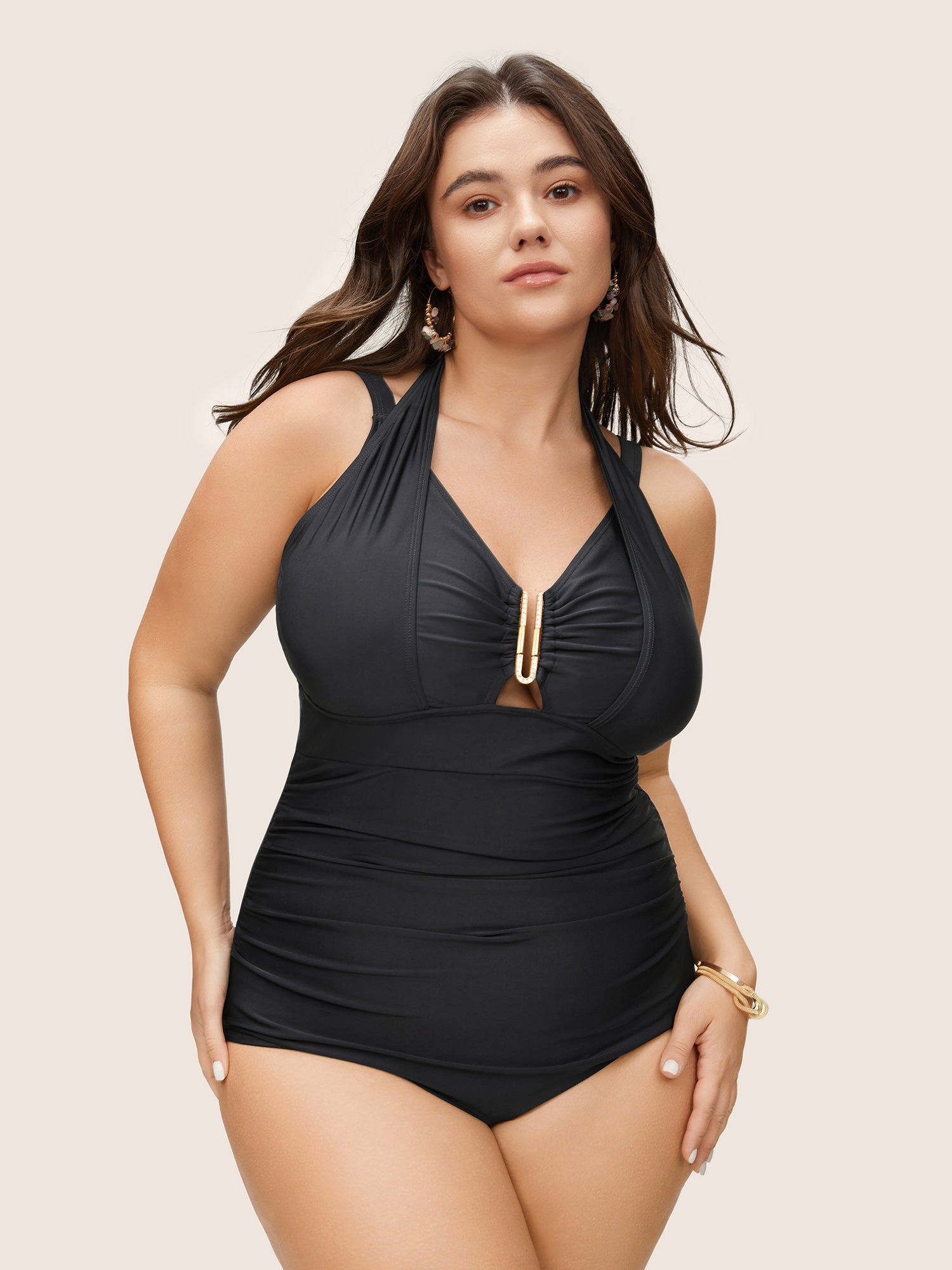 

Plus Size One Pieces | Solid Ruched Metal Buckle Detail One Pieces Swimsuit | BloomChic, Black