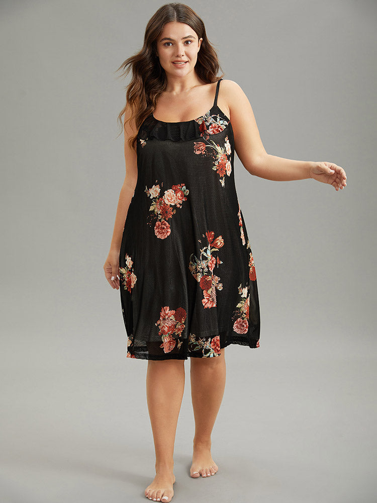 

Plus Size Sleep Dresses | Floral Print Adjustable Straps Cami Loungewear | BloomChic, Black flower