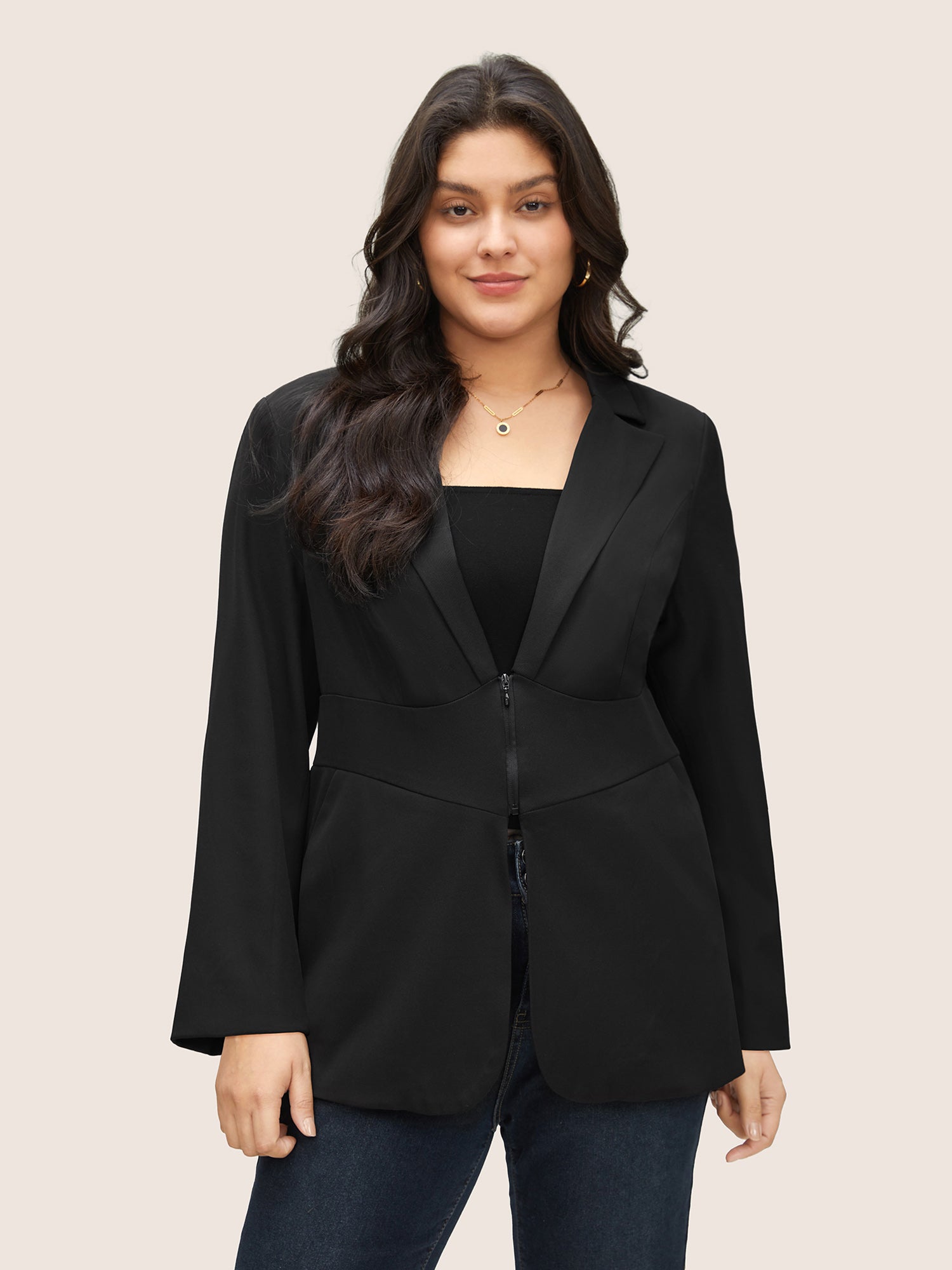 

Plus Size Women Work Plain Non Regular Sleeve Long Sleeve Suit Collar Pocket At the Office Blazers BloomChic, Black