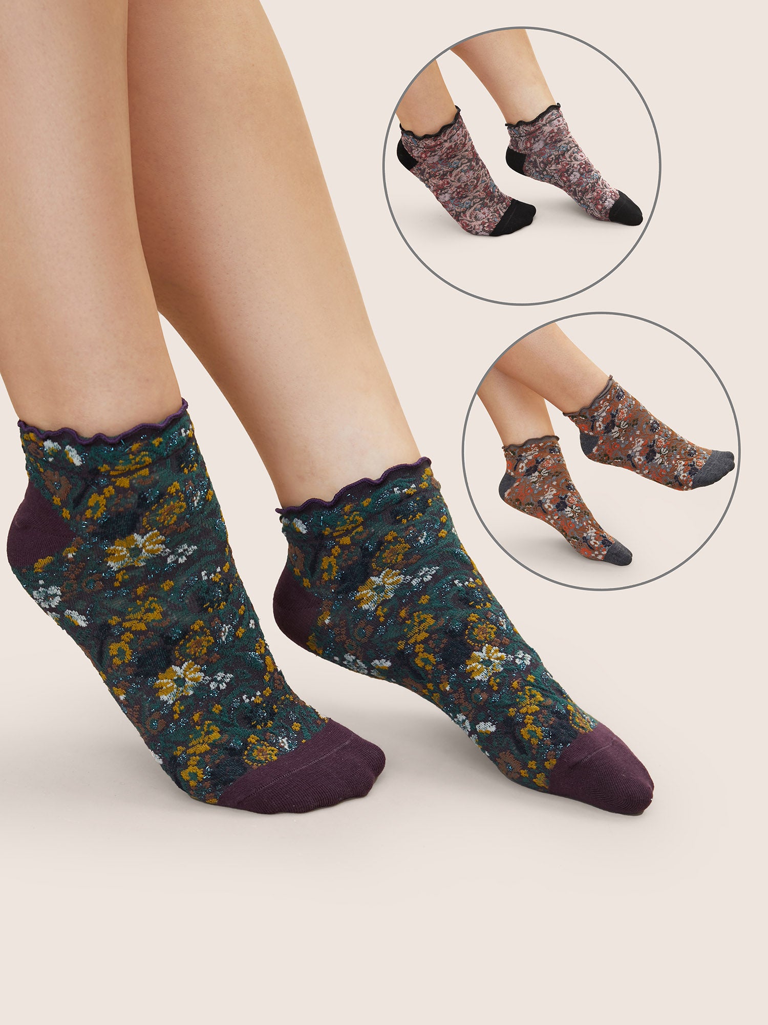 

3 Pairs Contrast Ditsy Floral Frill Trim Socks, Multicolor