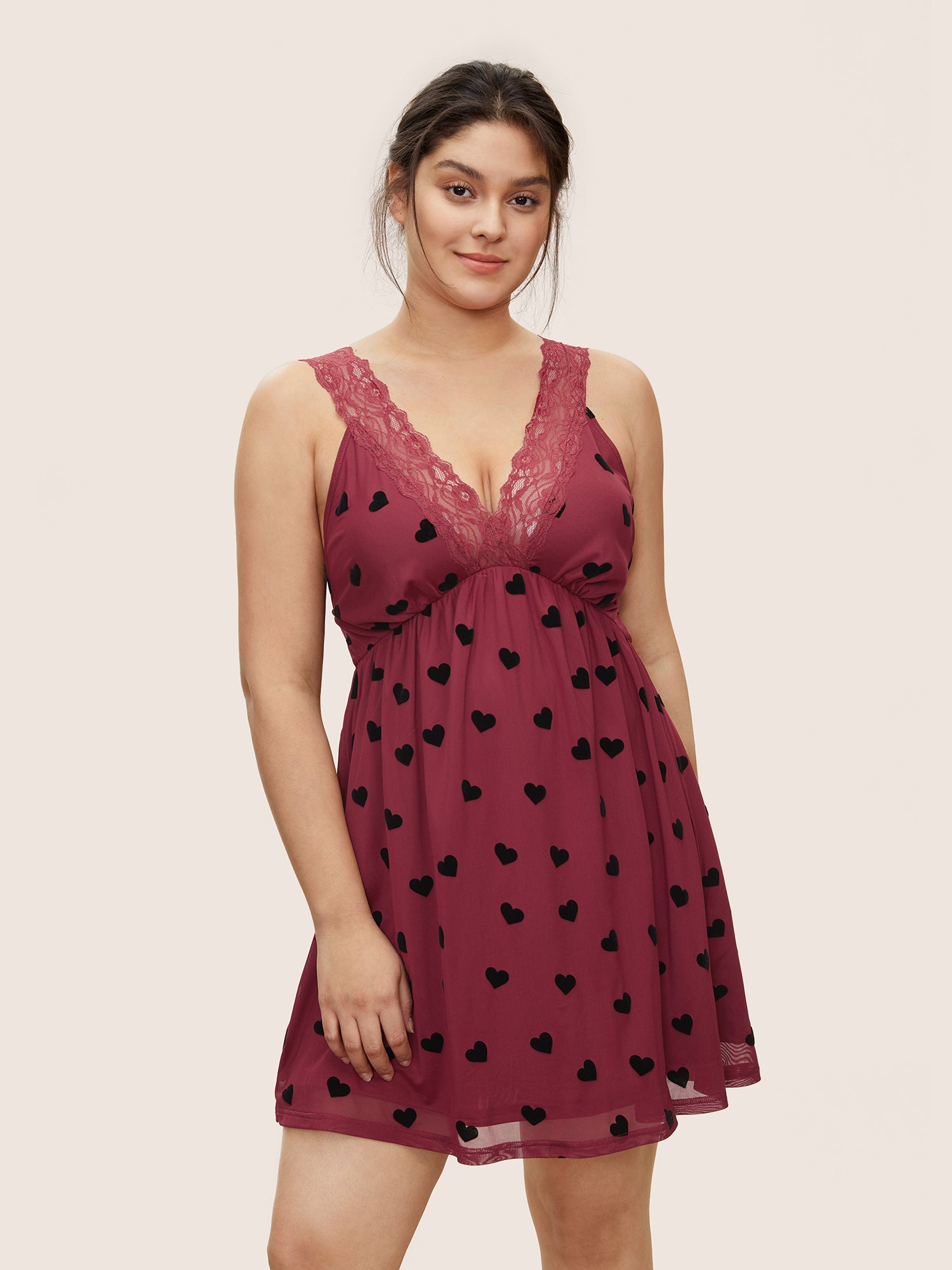 

Plus Size Sleep Dresses | Heart Lace Panel Mesh Deep V Neck Sleep Dress | BloomChic, Burgundy