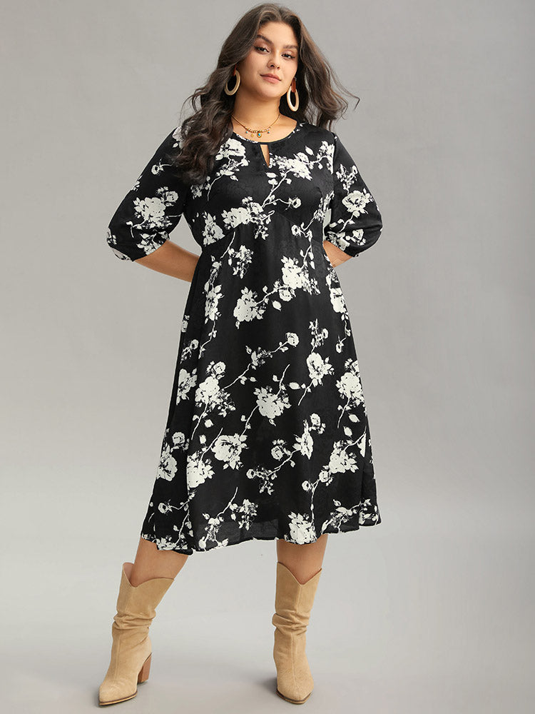 

Plus Size Women Dailywear Silhouette Floral Print Texture Lantern Sleeve Elbow-length sleeve Keyhole Cut-Out Pocket Vacation Dresses BloomChic, Black