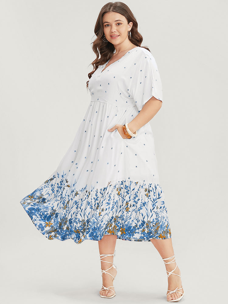 

Plus Size Women Dailywear Bohemian Print Patchwork Dolman Sleeve Half Sleeve V Neck Pocket Vacation Dresses BloomChic, Cerulean