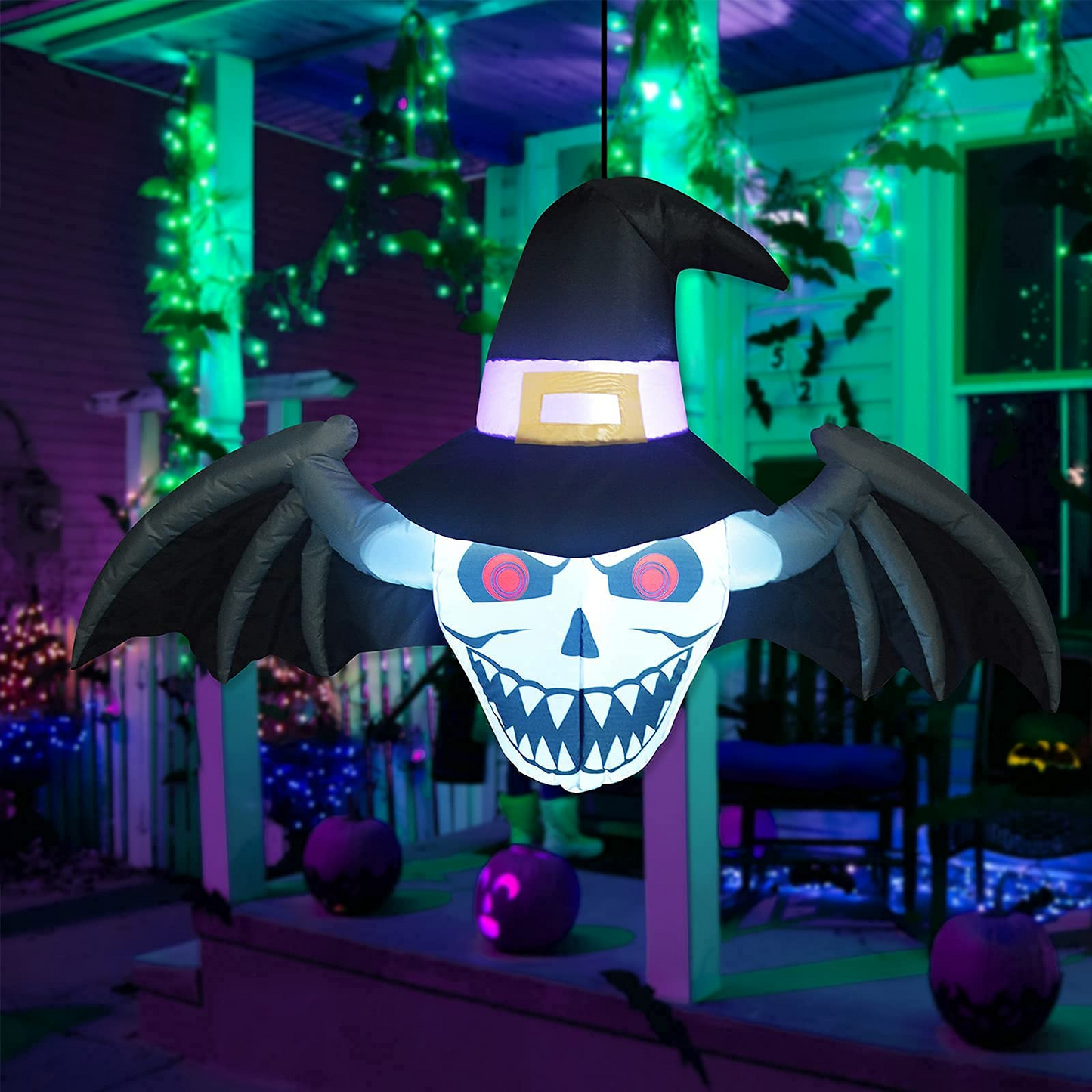GOOSH 4 FT Length Halloween Inflatables Outdoor Winged Demon’s Head, Blow Up Yard Decoration Clearae with LED Lights Built-in for Holiday/Party/Yard/Garden