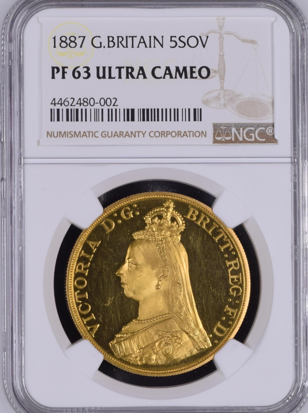 1887年 ヴィクトリア女王 ”ジュビリーヘッド”5ポンドプルーフ金貨(NGC/PF63 UCAM)