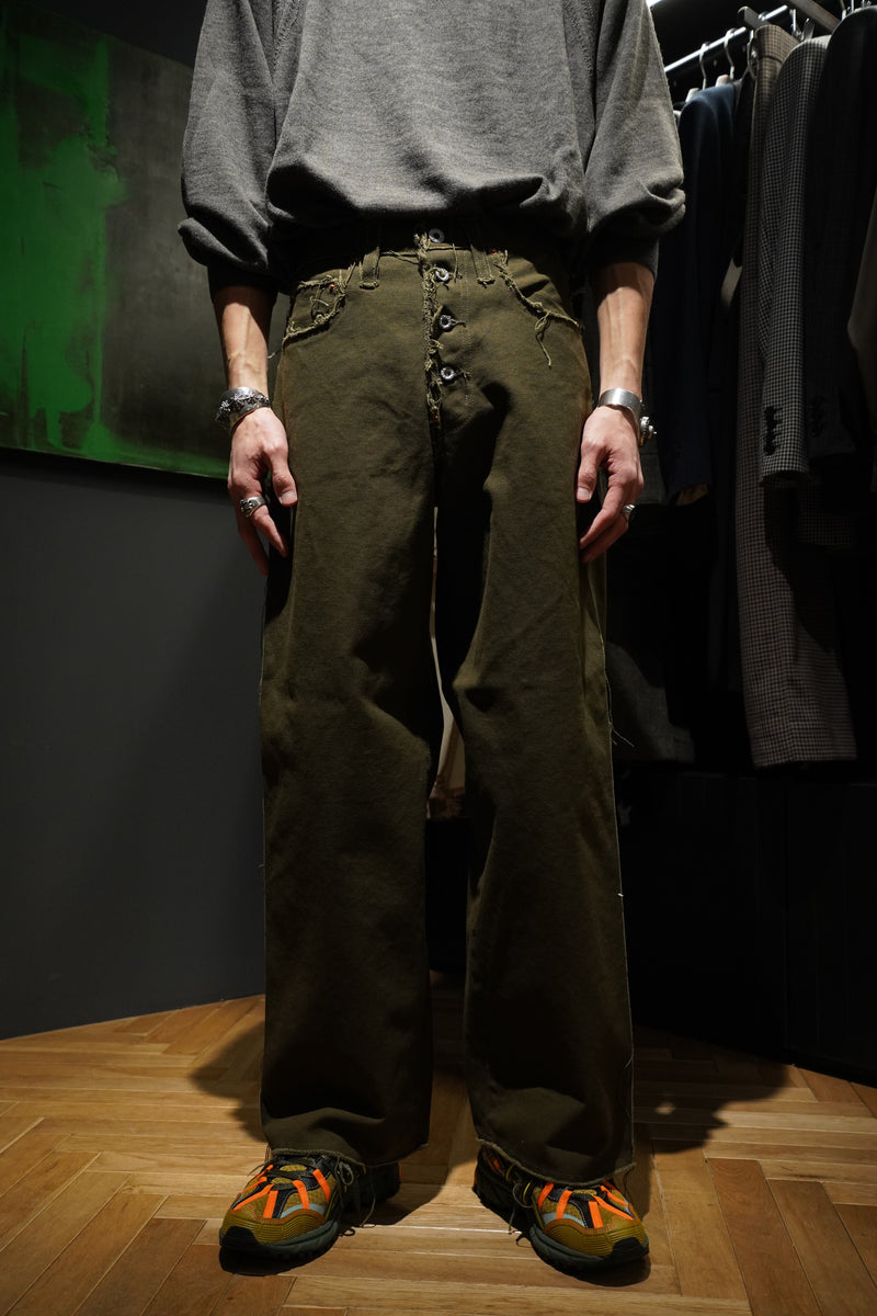 RAW-EDGE CANVAS DENIM PANTS (DARK KHAKI)