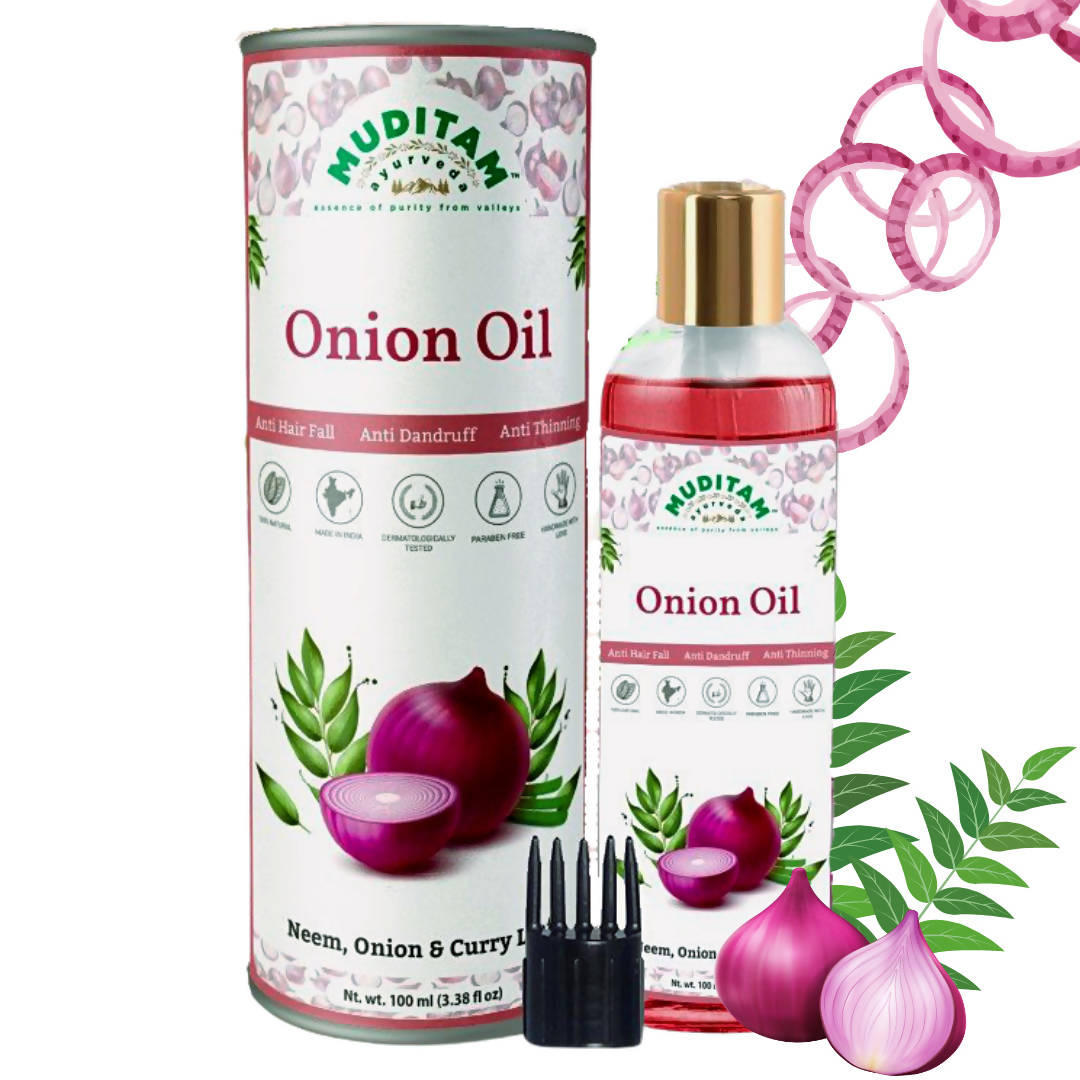 Muditam Ayurveda Onion Hair oil for hair growth with Onion, Curry leaf &  Neem | Helps To Delay Early Greying of Hair