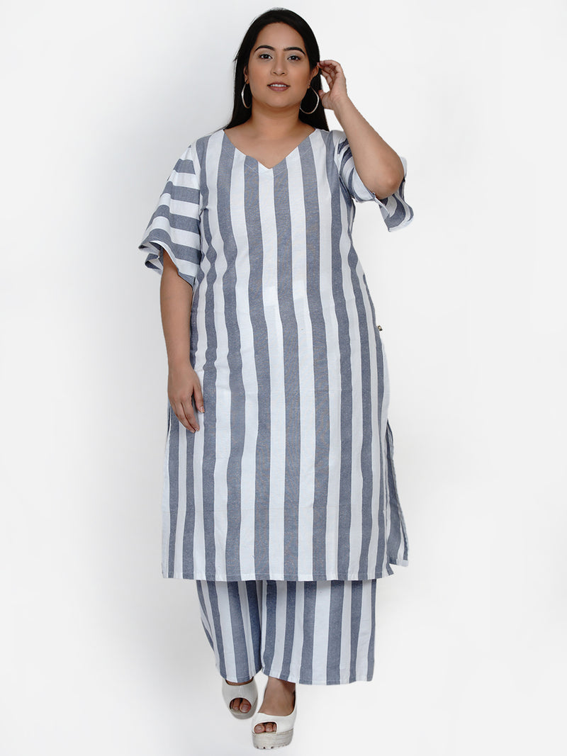 Curve Handloom cotton white and blue stripe v neck bell sleeve ...