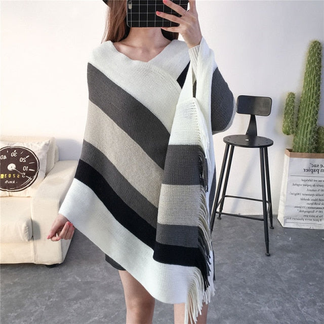 Women's Elegant Knitted Poncho Top with Stripe Patterns and Fringed Si –  XYZthreads.com
