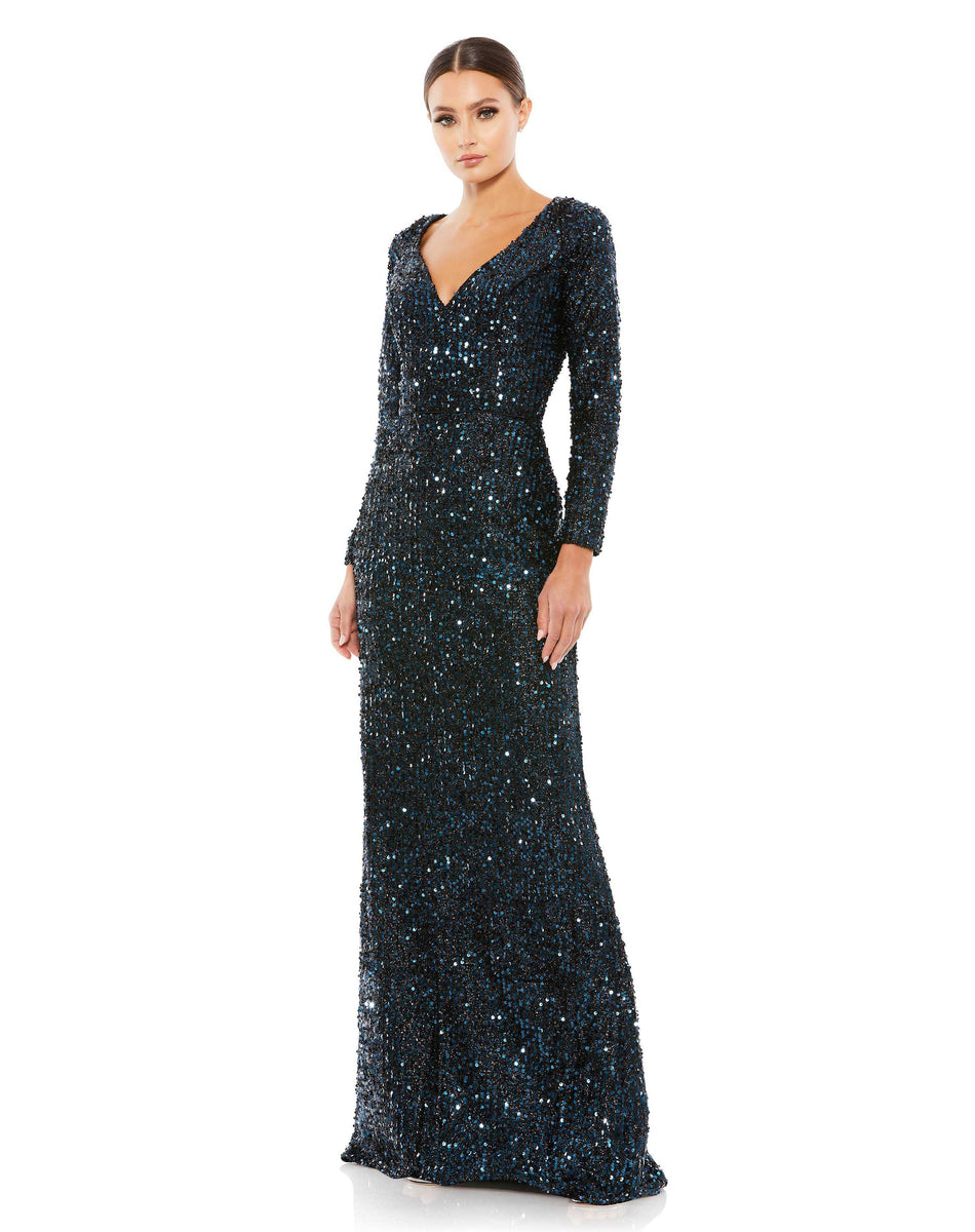 Midnight Blue Long Sleeve Sequined Gown – Mac Duggal