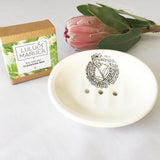 handmade white ceramic protea soap dish and cleansing bar gift set - sugar and vice 1