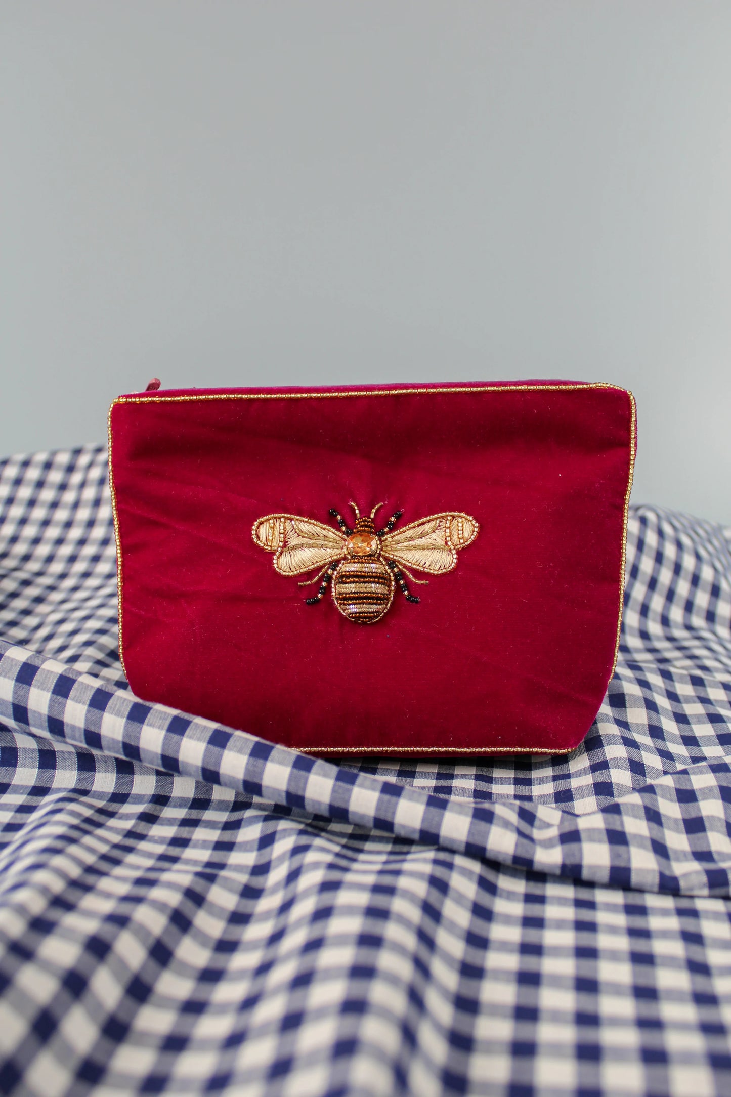 Magenta Velvet Beaded Bronze Bee Purse