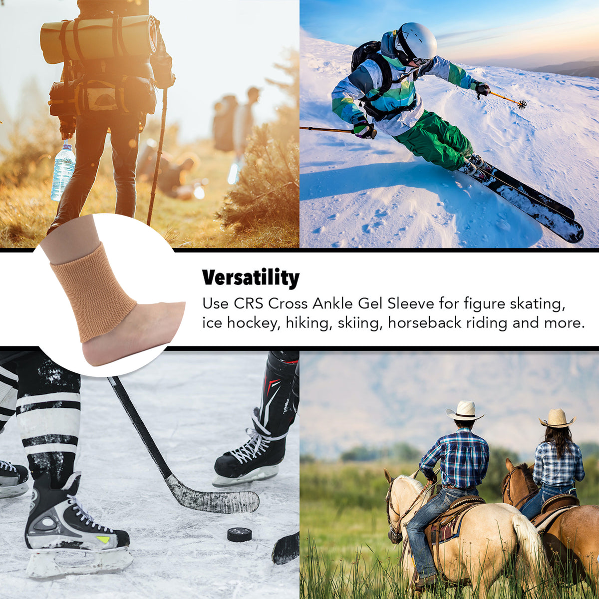 CRS Cross Ankle Gel Sleeves Figure Skating, Hockey, Roller, Inline, Riding, Ski or Equestrian Tall Boots Padded Skate Socks Ankle Protection 