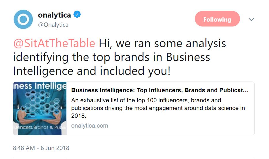 Onalytica 2018 Business Intelligence Top Influencers, Brands & Publications