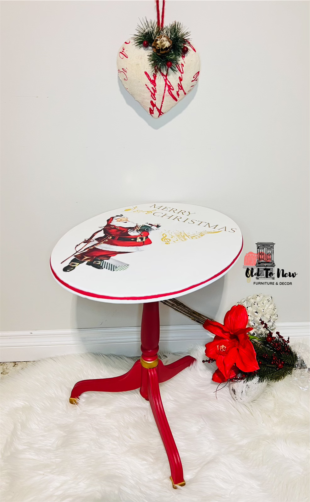 Christmas accent table red, white & gold a Canadian tradition at Christmas time