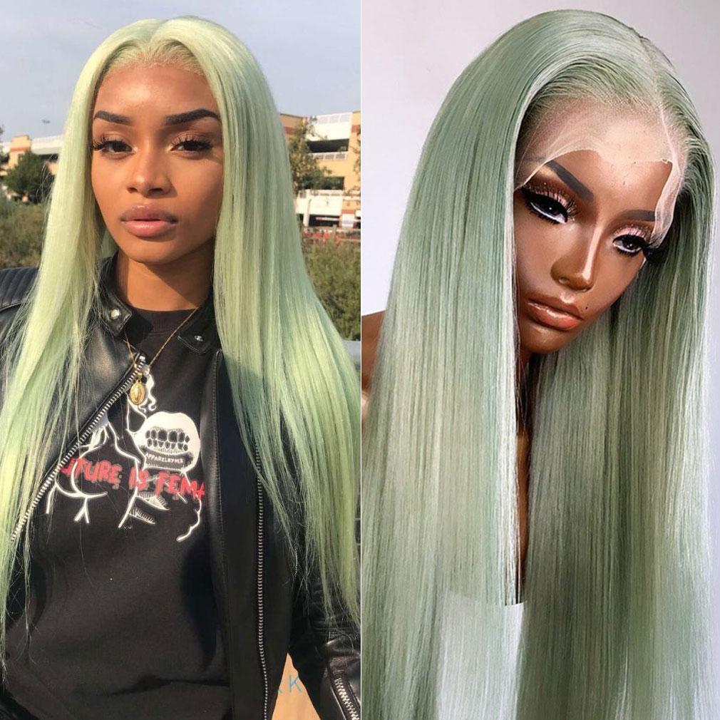 Pastel Green Human Hair Wig Long Colored Lace Front Wig – MEBARY