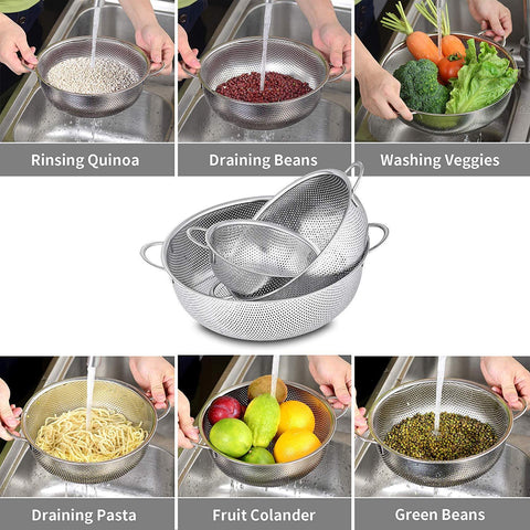 Colander Set of 3,Stainless Steel Micro-Perforated Colander Strainer with Handle for Draining Rinsing Washing Vegetable - Nordic Side - Colander, Draining, for, Handle, MicroPerforated, of, R