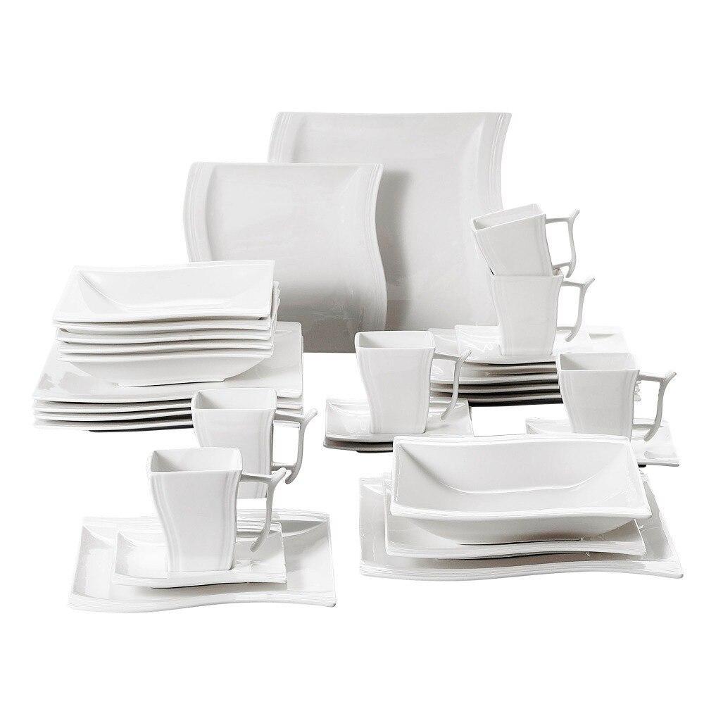 Serie Flora 30 Piece White Porcelain Dinner Set with 6 Piece CupsSaucersDessert Soup Dinner Plates Service 6 Person (White) - Nordic Side - 30, Cups, Dessert, Dinner, Flora, MALACASA, Person,
