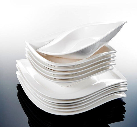 Series Elvira 24 Piece Porcelain Plates Sets with 12 Soup Dinner Plates Dinnerware Service for 12 Person (White) - Nordic Side - 12, 24, Dinner, Dinnerware, Elvira, for, MALACASA, Person, Pie