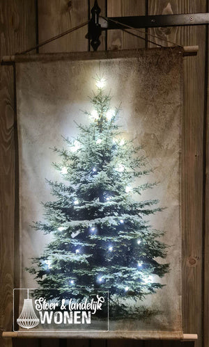 Wanddoek kerstboom met LED lampjes - Stoer en Landelijk Wonen Winkel