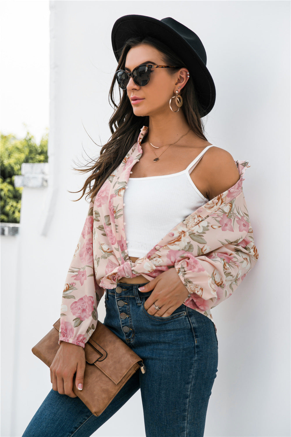 Floral Print Covered Button Front Blouse