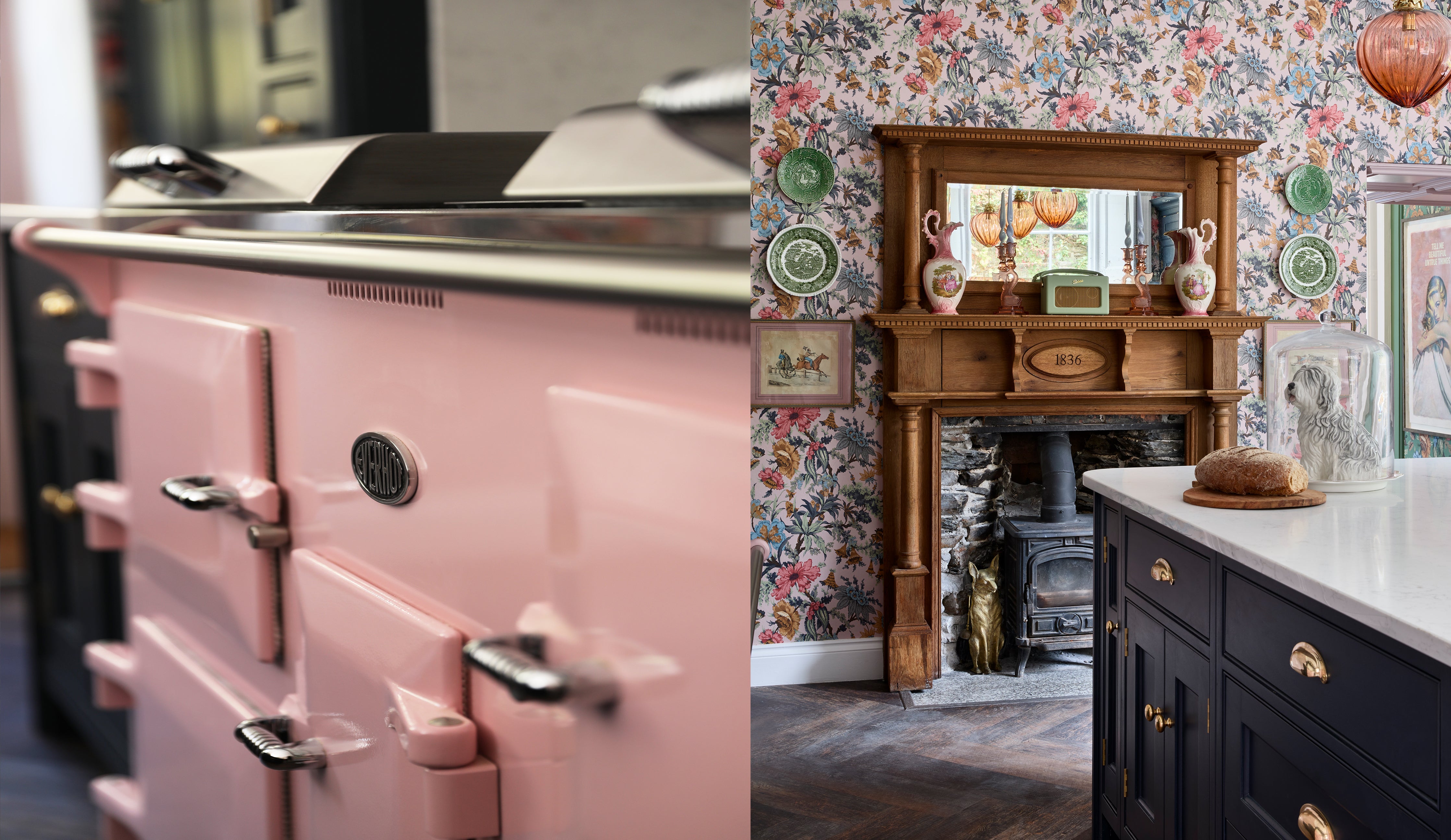 Penally House kitchen interiors by Noushka Design with peach glass pendant lights by Rothschild &amp; Bickers over kitchen island