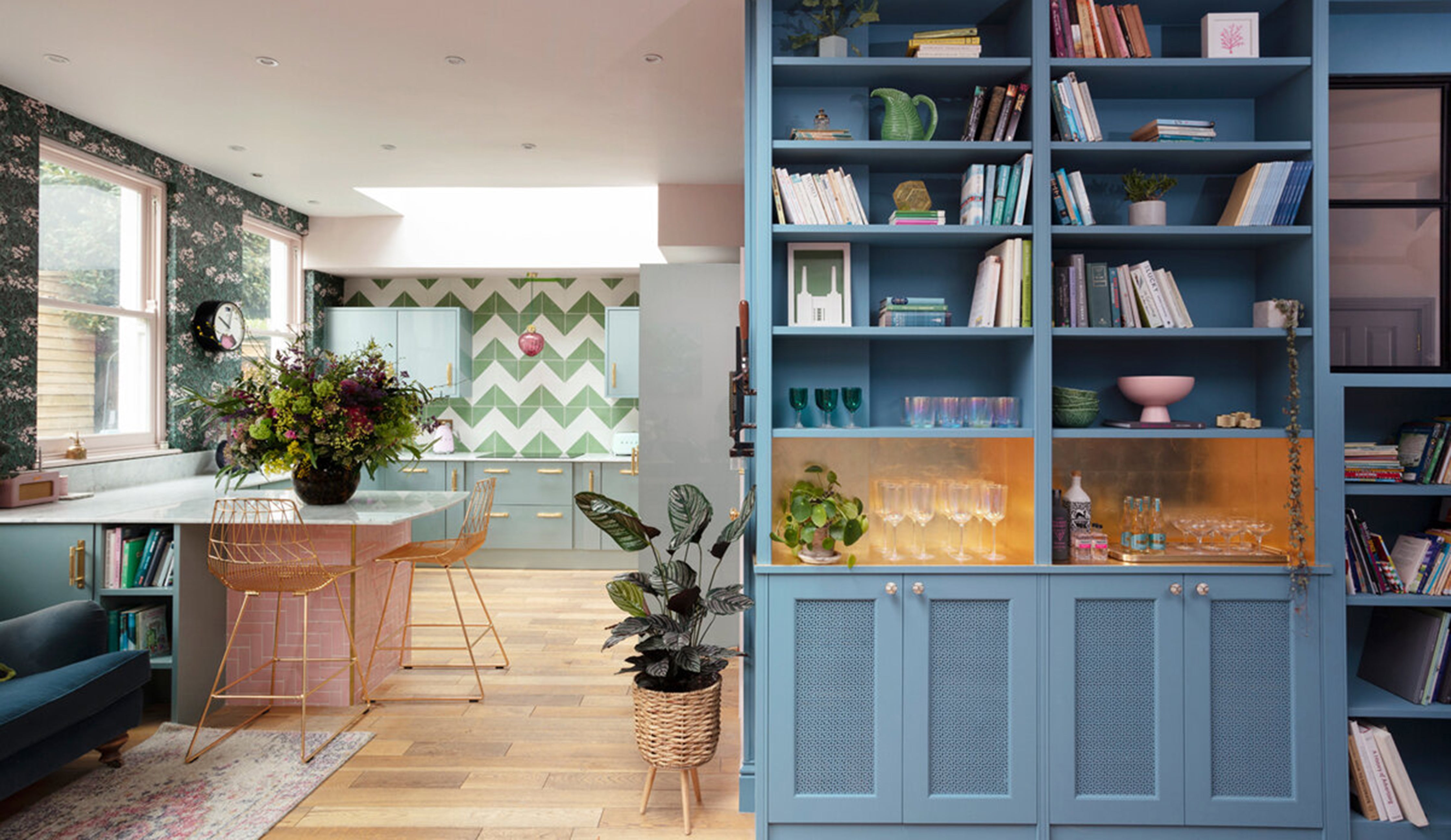 Flora Pendant in ruby pink glass by Rothschild &amp; Bickers hanging in the Pink House kitchen by Emily Murray