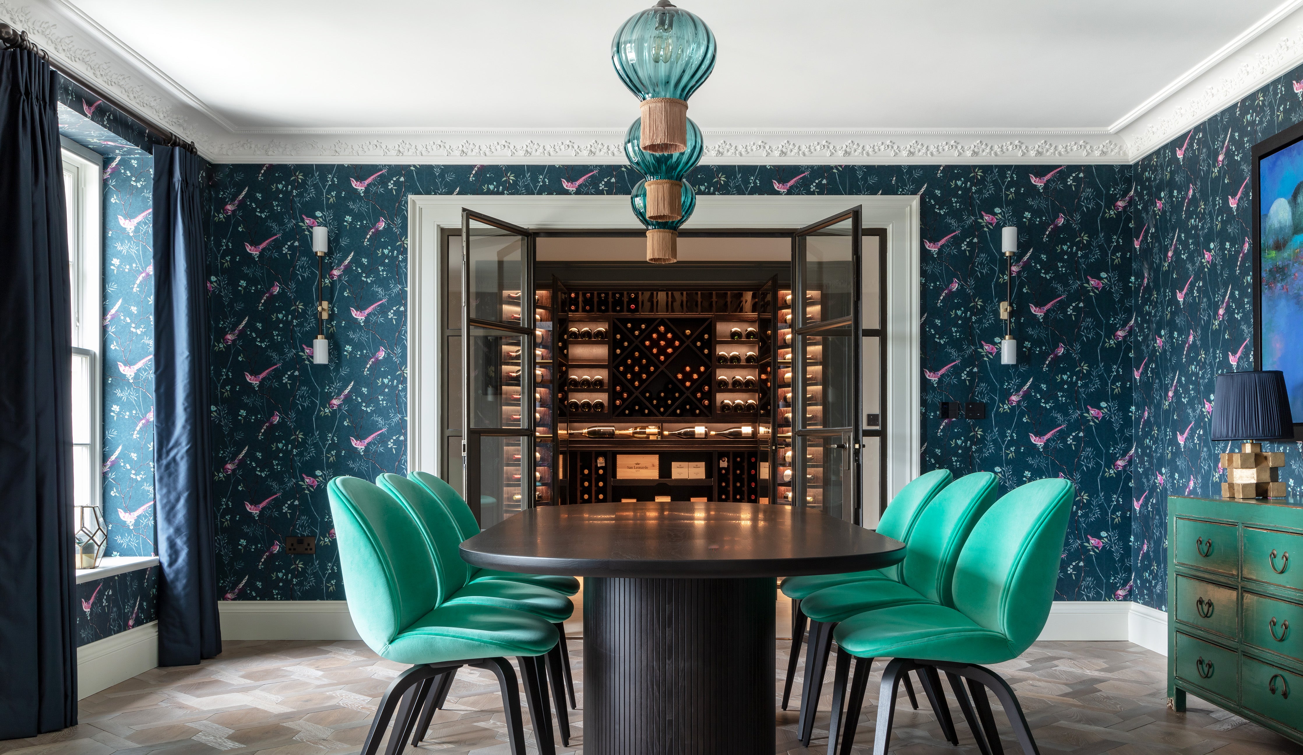 Fabric fringed Opulent Optic Large Glass Pendant Lights by Rothschild &amp; Bickers hanging over a dining table