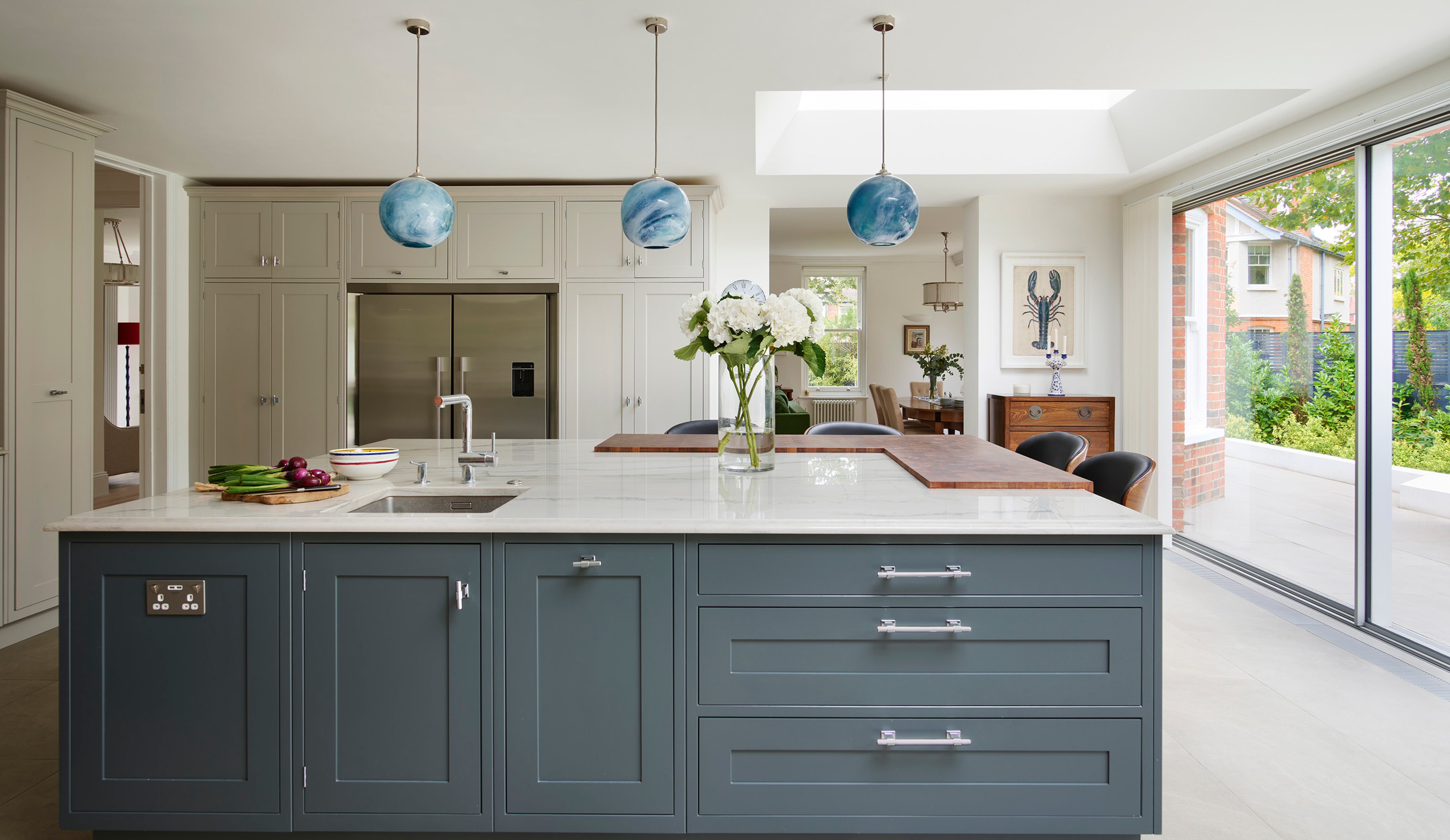 Rothschild &amp; Bickers Mineral Pendant Large - Lazurite Aqua, hanging over kitchen island design by Lisa Ryde Properties