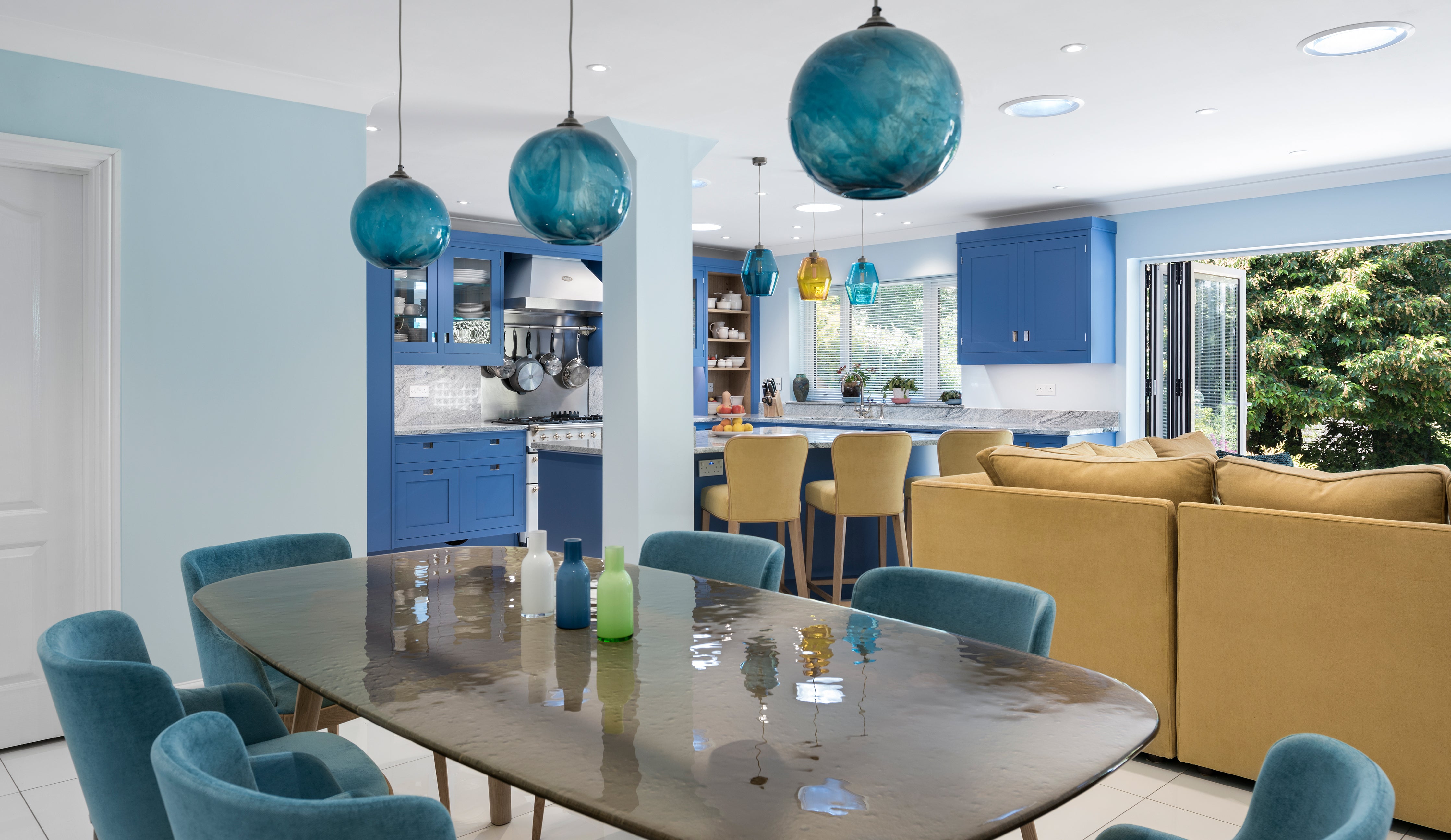 Mineral Pendant by Rothschild &amp; Bickers in Lazurite Aqua above kitchen table, Interior design by Deborah Law