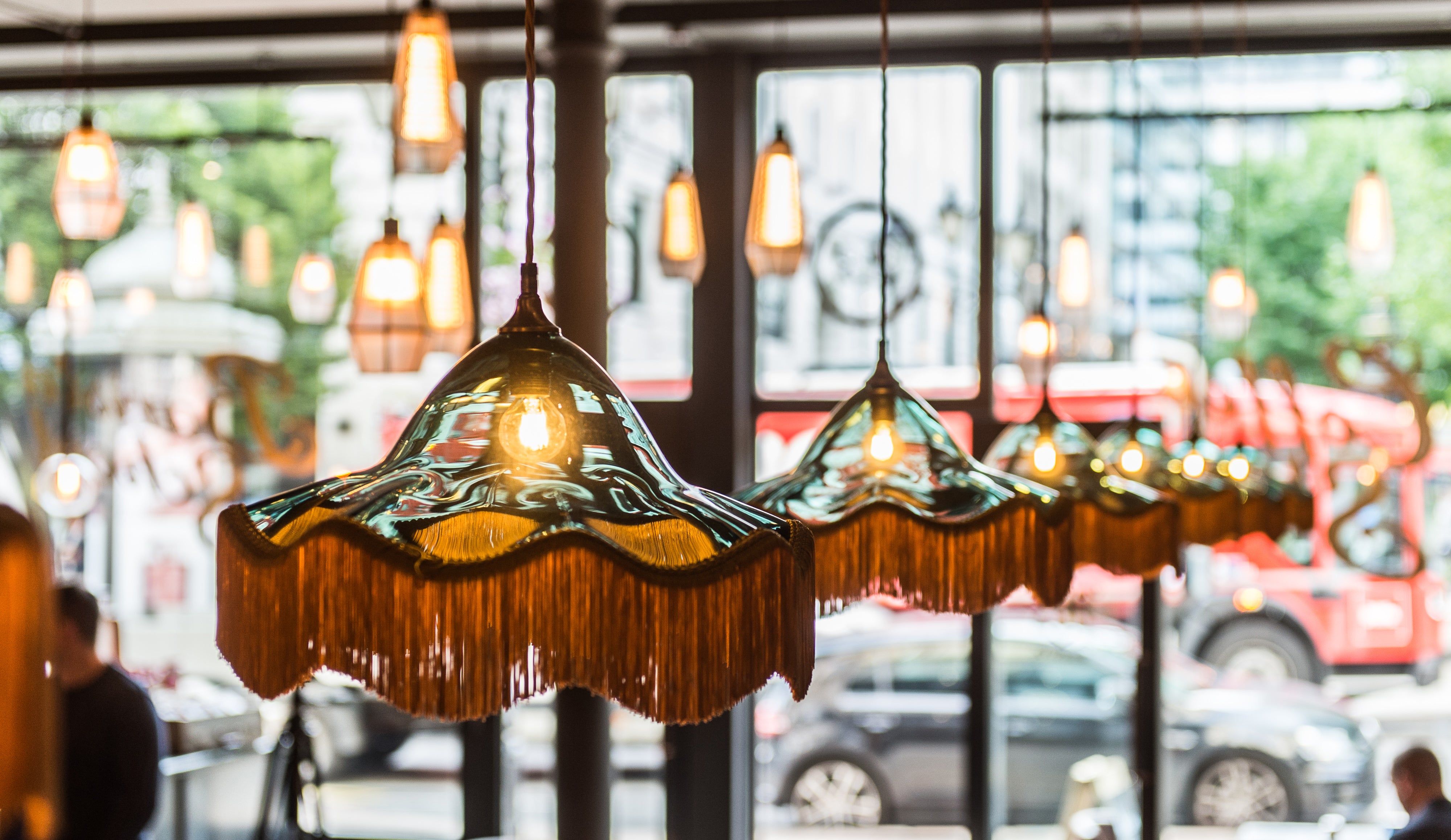 Vintage lights by Rothschild &amp; Bickers hanging in 200 Degrees Coffee Colmore Row Birmingham
