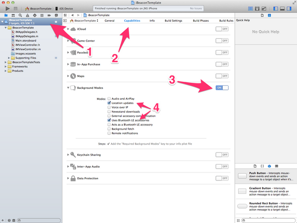 Configuring Background Capabilities for iBeacon Project in Xcode