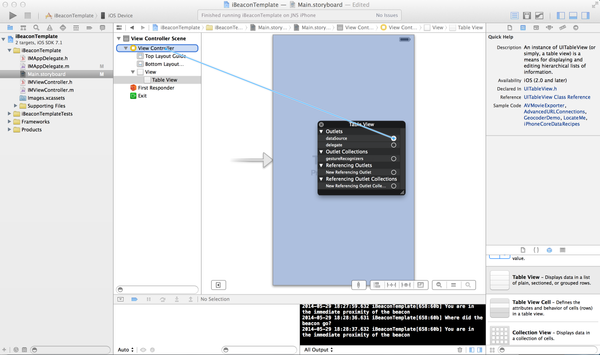 Connecting the UITableViewDelegate in the iBeacon Project in Xcode