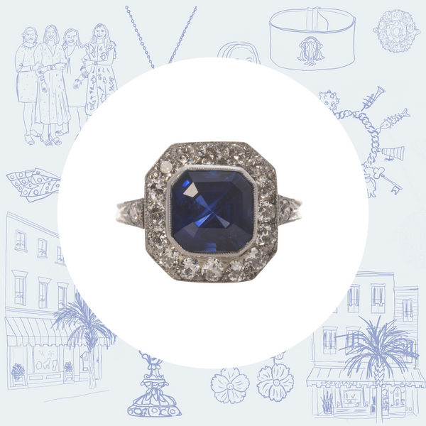 Art Deco Square Sapphire and Diamond Ring