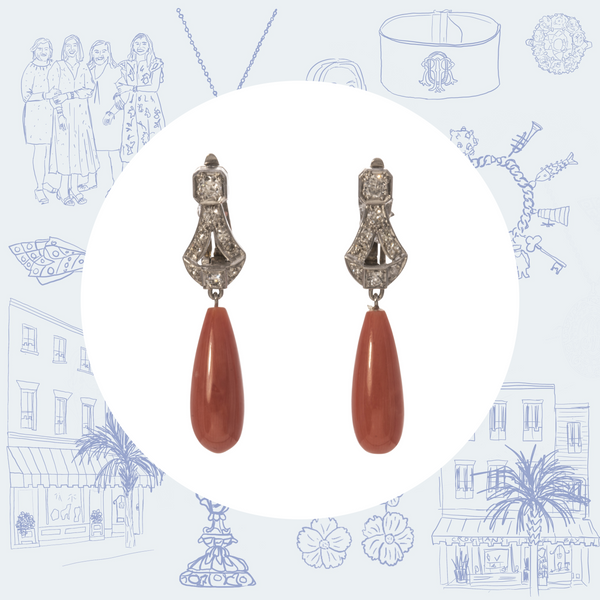 Art Deco Repro Diamond Coral Earrings