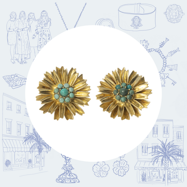 Estate Turquoise and Gold Flower Earrings