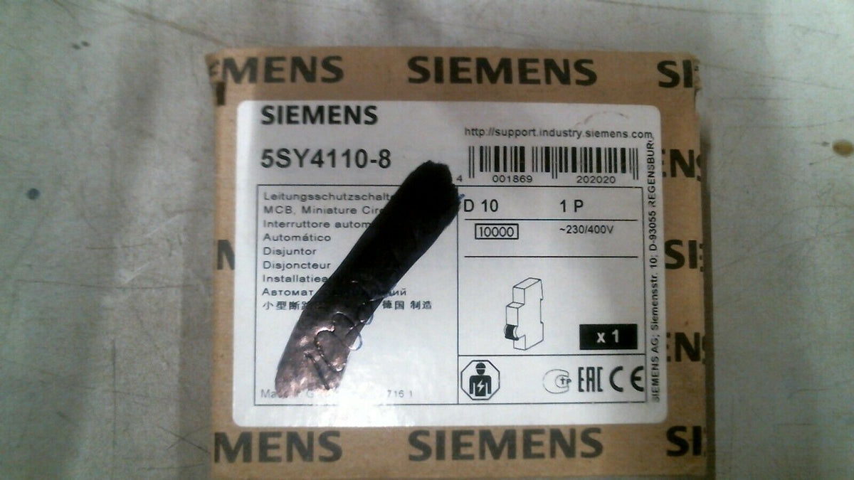 Lot of 2 Siemens 5SY4 110-8 Circuit Breaker D10 1P 230/400V New 