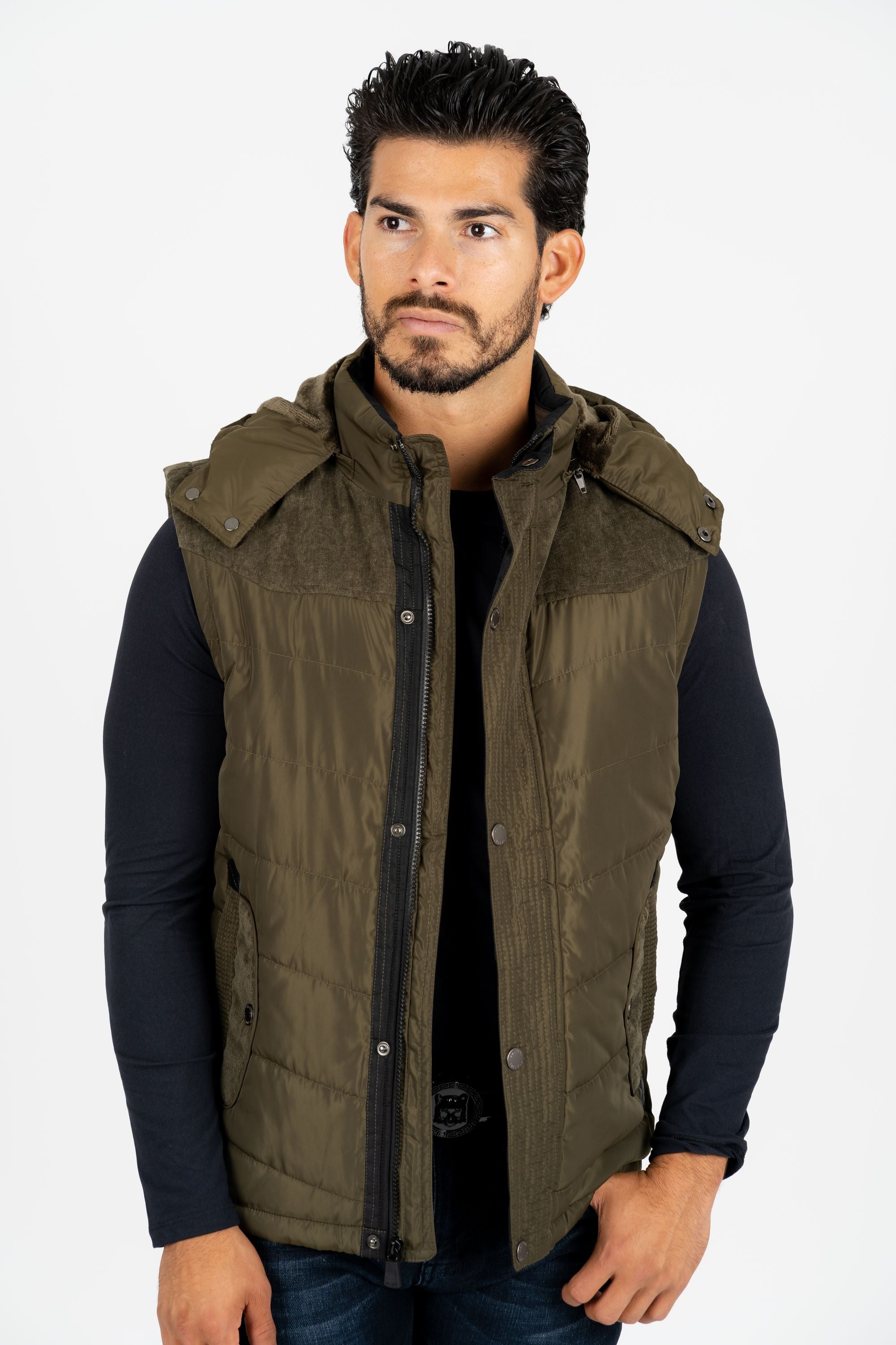 Men's Olive Padded Hooded Vest w/ Faux Fur – Platini Fashion
