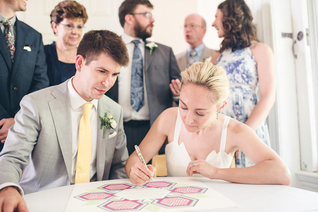 Rachel and Matthew - June Wedding at Awbury Arboretum | Signing the Geometric Pomegranate Ketubah | Tallulah Ketubahs