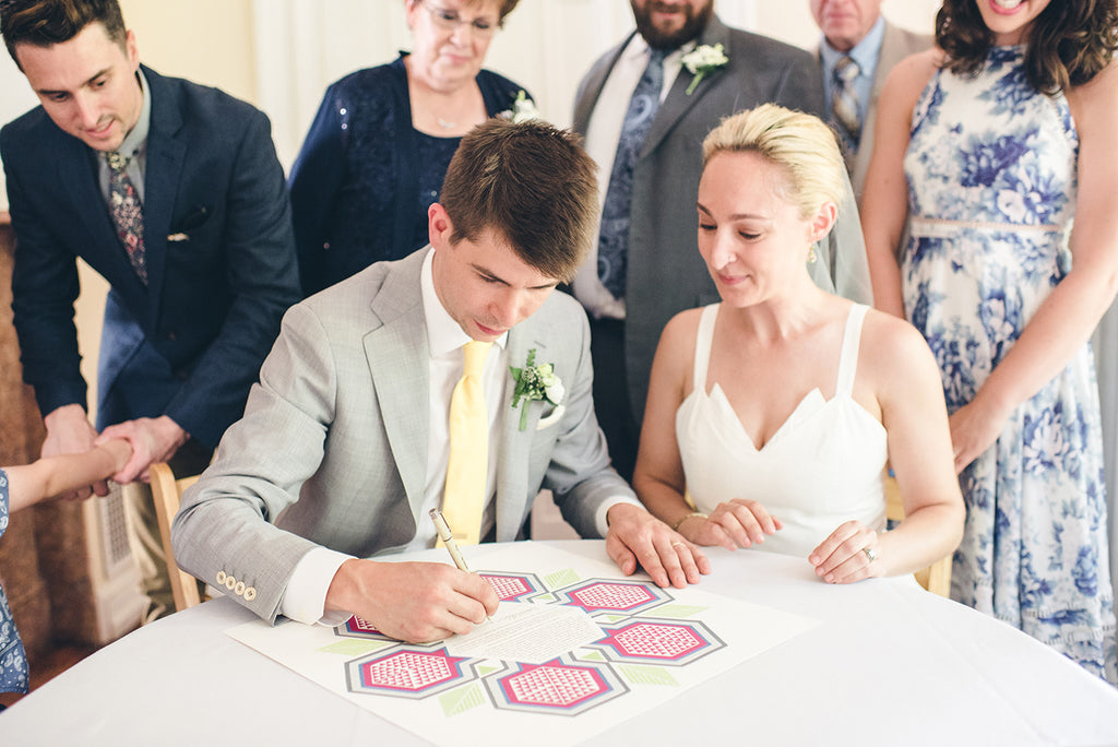 Rachel and Matthew - June Wedding at Awbury Arboretum | Signing the Geometric Pomegranate Ketubah | Tallulah Ketubahs